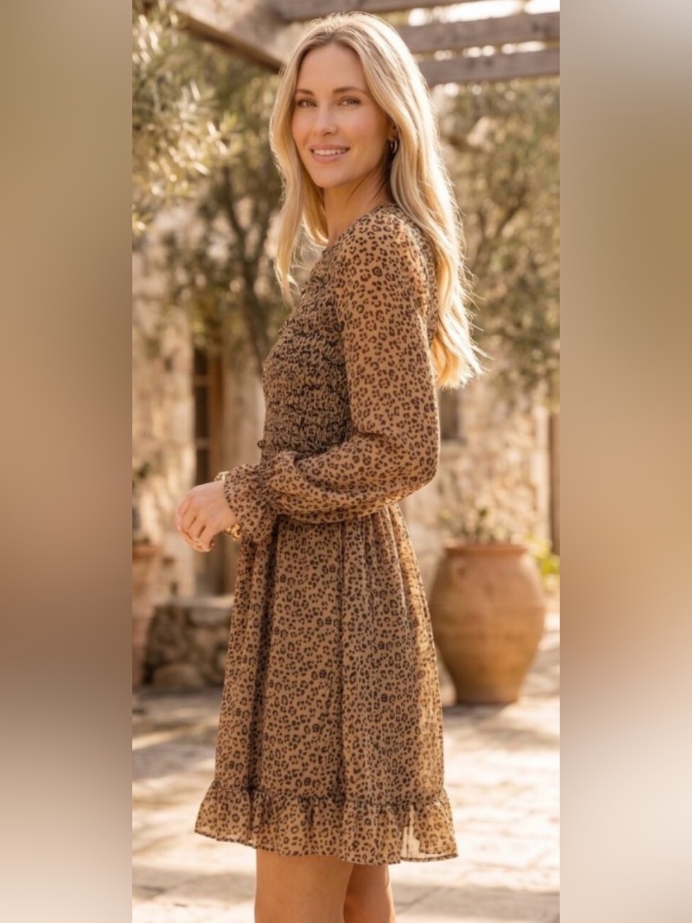 Rachel Parcell Floaty Women's Brown Leopard Print Long Sleeve Dress EUC Size M